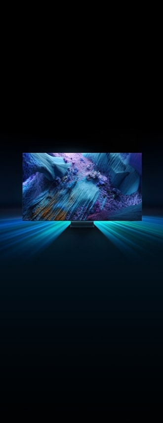 A front view of a Neo QLED TV displaying intricate strokes of blue and purple with a hint of yellow.
