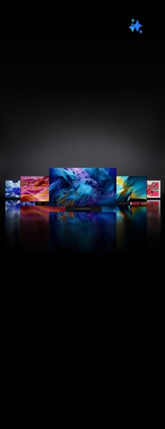 Samsung TVs displaying colorful visuals in the dark background. Samsung Vision AI is here logo.
