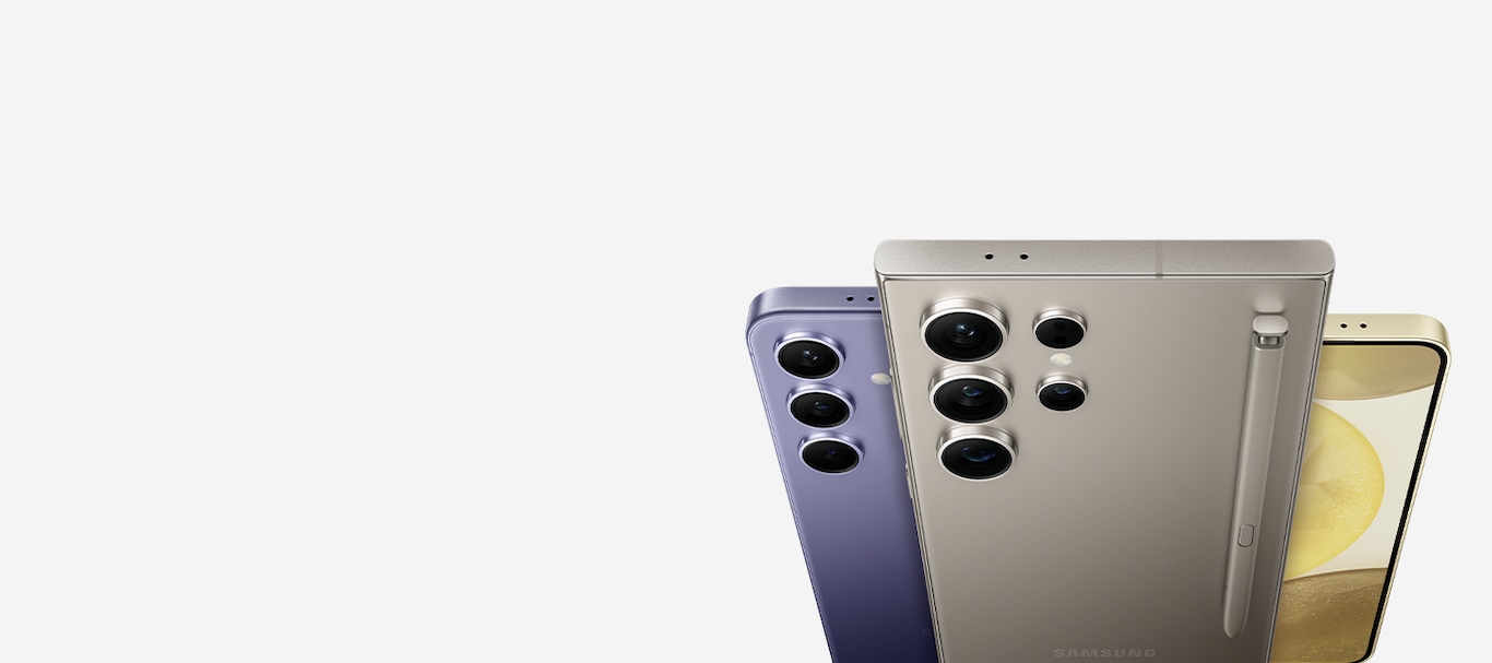 Three Galaxy S24 series devices. One Galaxy S24 Plus in Cobalt Violet seen from the rear, one Galaxy S24 Ultra in Titanium Grey seen from the rear with the built-in S Pen and one Galaxy S24 in Amber yellow seen from the front.