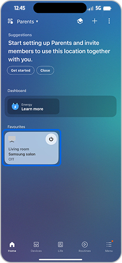 Tv selected on the SmartThings homescreen.