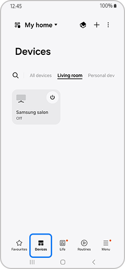Devices option highlighted on the SmartThings app screen.