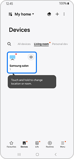 Samsung TV device selected on the devices screen.