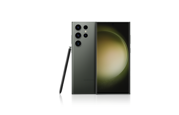 Back and front view of a Galaxy S23 Ultra smartphone.