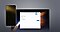 Front view of smartphone shows the Home screen, and tablet is running with the Samsung Flow app. The smart view icon is displayed at the upper right corner of the Apps screen.