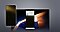 Front view of smartphone shows the Home screen, and tablet shows the same Home screen through Smart View mode. At the top left corner of the Smart View screen, the control icon is shown.