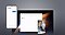 Transfer the image of a baby holding a balloon to tablet is completed. Flow history is shown on the tablet next to the transferred baby image.