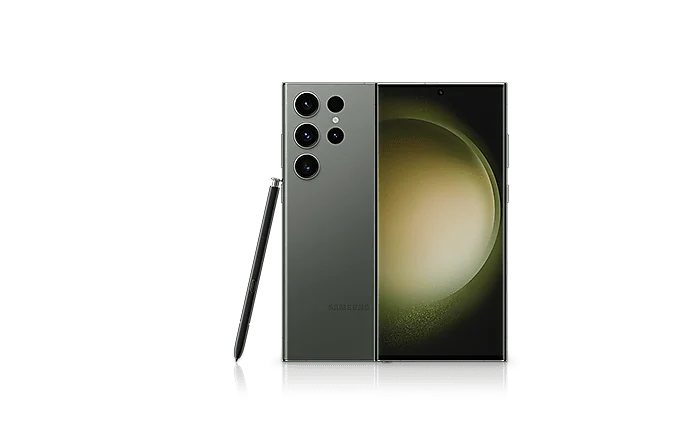 Back and front view of a Galaxy S23 Ultra smartphone.