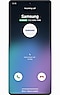 A smartphone screen showing an incoming call from SAMSUNG. The screen image is displayed in blue and purple based on the caller’s photo.
