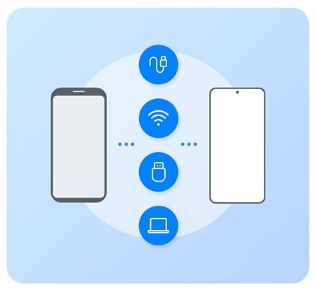 Two smartphones are shown. Between the devices are USB cable, Wi-fi, storage device and laptop icons. In the middle is connecting the two devices to indicate that data can be transferred through different options.