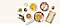 A range of ingredients, like chicken, cheese and oil are scattered on a table in various plates and pans. A loose egg sits to the side and a sprig of rosemary is on the other end.