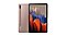Frontal and rear views of a Mystic Bronze Galaxy Tab S7 with blue, orange and red shapes on display.