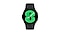 A Galaxy Watch4 in black with a big green figure 8 on it.