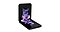 A Galaxy Flip3 5G unfolding and seen from the front. A purple flower-like design is on the screen.