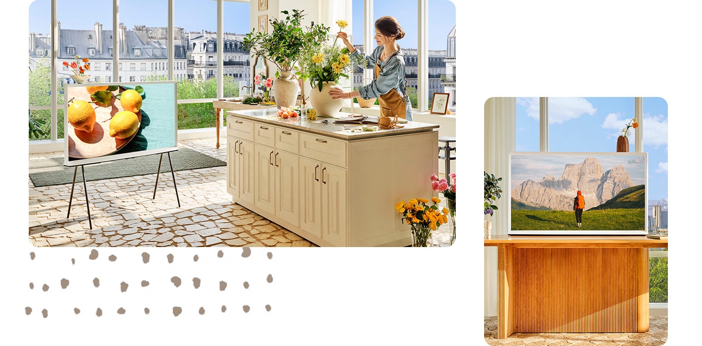 The Serif TV is placed on a stand in a kitchen area, where a woman arranges flowers on a nearby counter. The Serif is placed on top of a wooden countertop and displays an image of outdoor hiking. The Serif in Ambient Mode is placed on top of a stand in a different living space. The Serif is placed on top of a stand in a sunny open space, with paper sketches attached to its back.