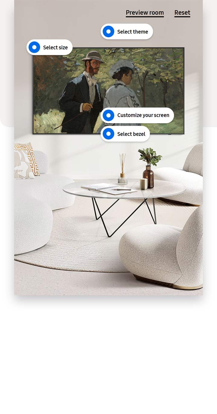 The Frame displaying Bazille and Camille hangs in a white-toned living room. Buttons for Select theme, Select size, Customize your screen, Select bezel, Preview room and Reset are visible.