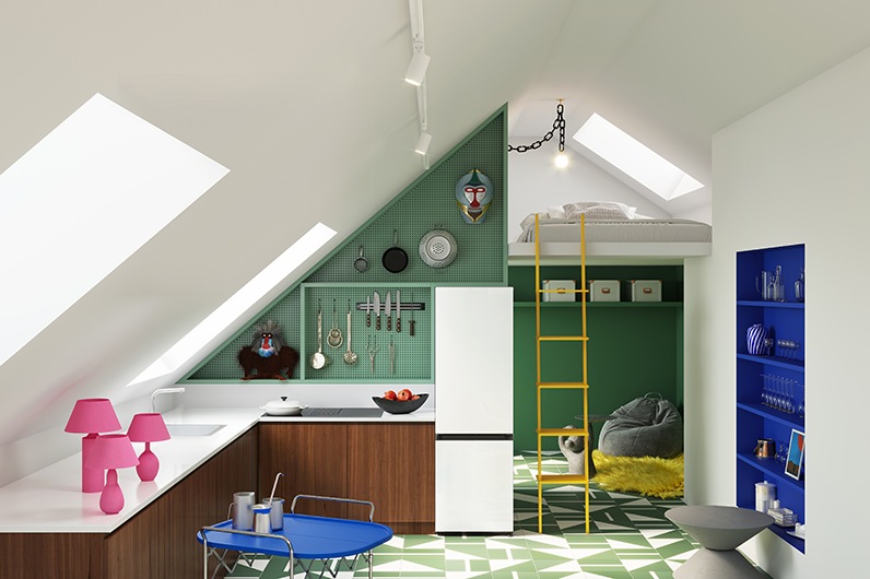 A Satin Beige 1-door unit and a 2-door unit with a Glam White top panel and a Glam Lavender bottom panel are placed together in a stylish bright tone kitchen.