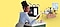 Woman connecting a smart monitor with her smartphone and earbuds. 'SmartThings' connects all her smart devices as she works from home. The woman also uses her laptop, earbuds and smartphone to talk to people on a video call from her home office.