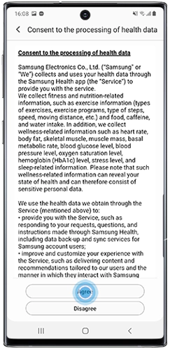 Tap to Agree or Disagree to share health data