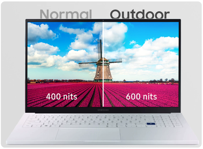 Galaxy Book Ion showing normal compared to outdoor mode on the QLED screen