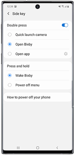 Select Side key preferences on Galaxy Note10
