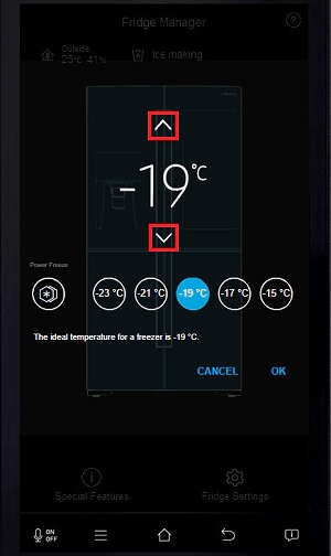 Tap the up or down arrows to change the temperature