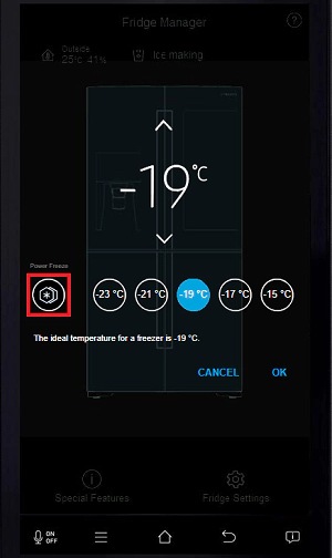Tap the power freeze button to activate power freeze mode