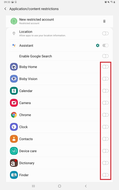 Tap the switch next to any app you are happyfor the restricted account to use