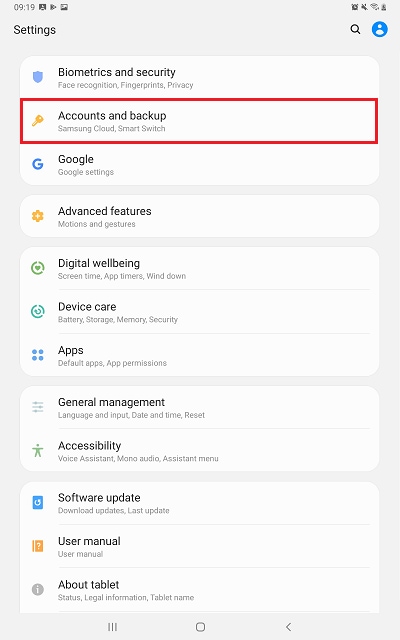 Tap Accounts and backup