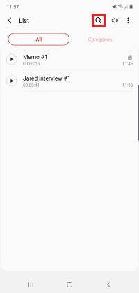 Tap the magnifying glass icon to search for a recording by its name