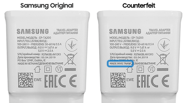 Image of a genuine Samsung charger and a counterfeit charger