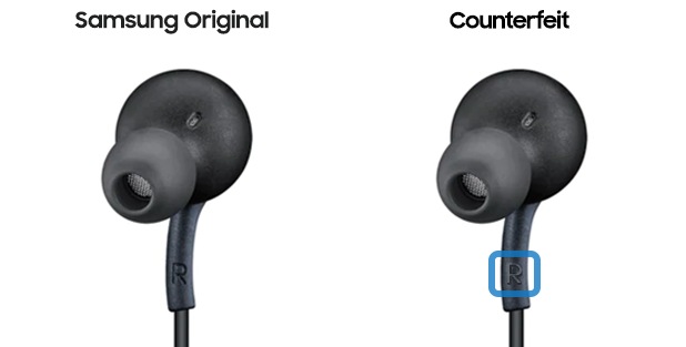 Image of genuine Samsung earphones and counterfeit earphones