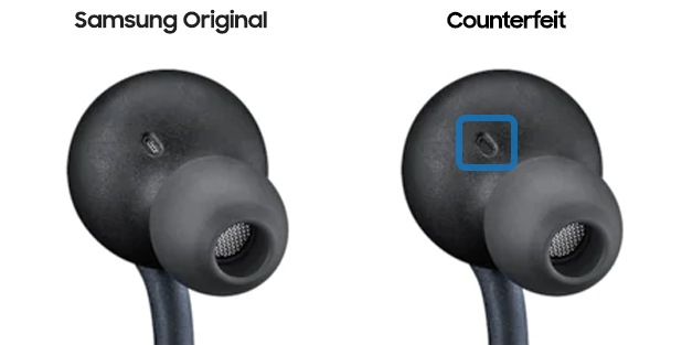 Image of genuine Samsung earphones and counterfeit earphones