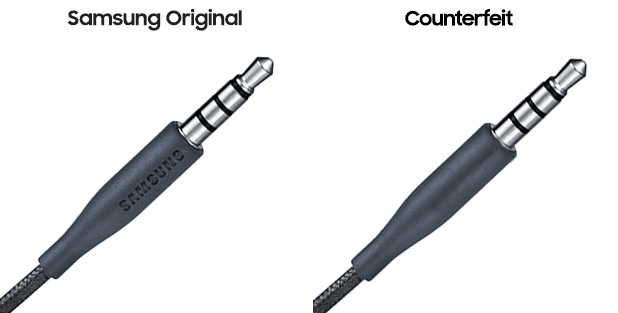 Image of genuine Samsung earphone cable and counterfeit earphone cable