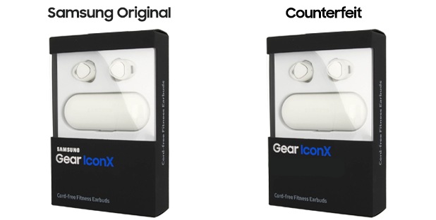 Image of genuine Samsung earphone packaging and counterfeit earphone packaging