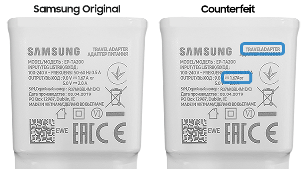 Image of a genuine Samsung charger and a counterfeit charger