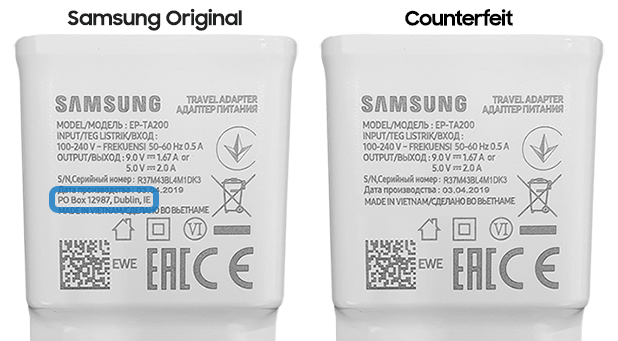 Image of a genuine Samsung charger and a counterfeit charger