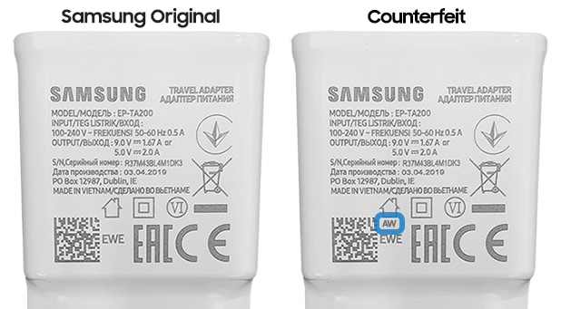 Image of a genuine Samsung charger and a counterfeit charger