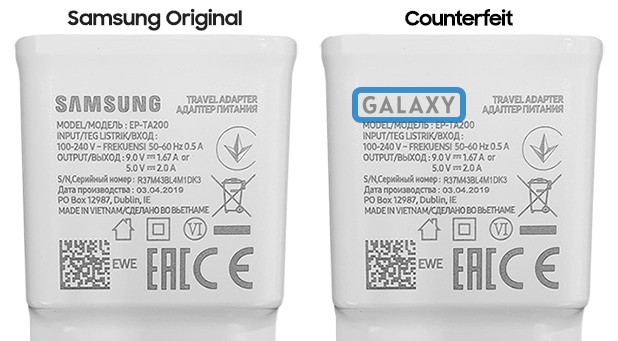Image of a genuine Samsung charger and a counterfeit charger
