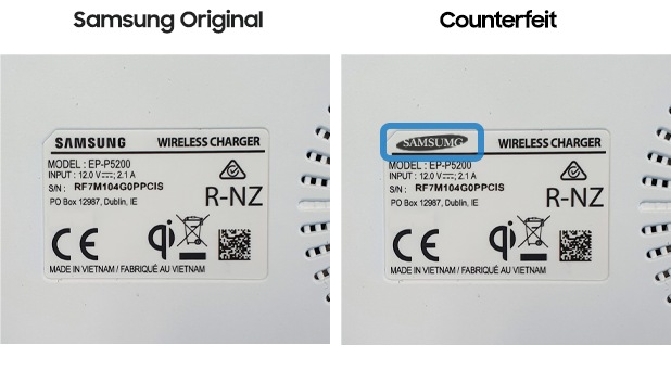 Image of a genuine Samsung wireless charger and a counterfeit wireless charger