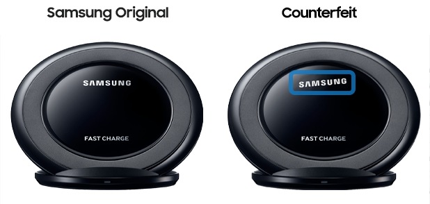 Image of a genuine Samsung wireless charger and a counterfeit wireless charger
