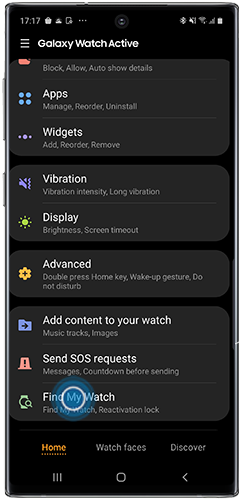 Tap Find My Watch in Galaxy Wearable app on Galaxy Note10