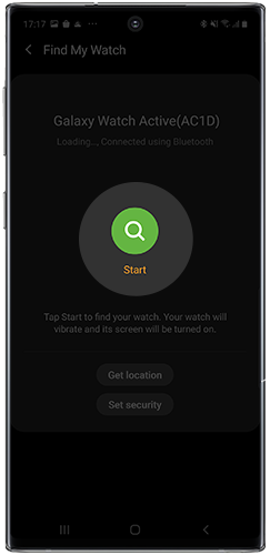Tap Start to Find My Watch in Galaxy Wearable app on Galaxy Note10