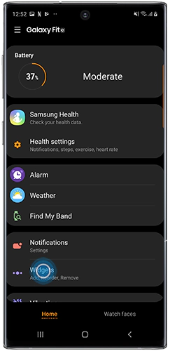 Tap Widgets in Galaxy Wearables app on Galaxy Note10