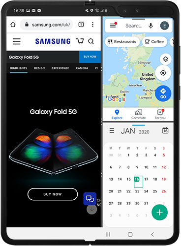 Three apps launched in split screen view on Galaxy Fold