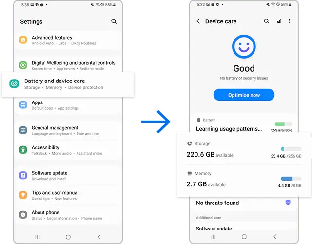 Check remaining storage and memory space