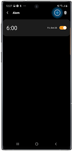 Tap the plus icon to add alarm in the Galaxy Wearables app on a Galaxy smartphone