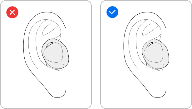 Person wearing the Galaxy Buds+ correctly with a blue check mark and incorrectly with a red X