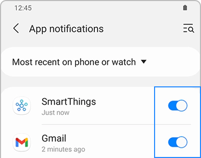 A list of apps with switches in the Galaxy Wearable app