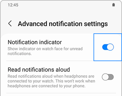 List of Advanced notification settings in the Galaxy Wearable app