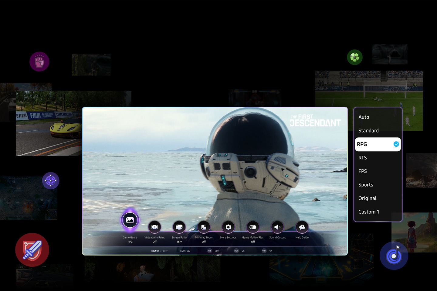 The bottom of the TV screen shows icons for Game Genre, Virtual Aim Point, Screen Ratio, Minimap Zoom, More Settings, Game Motion Plus, Sound Output and Help Guide. A scene from The First Descendant is shown. Various video game genres, such as RPG, Sports, and RTS, are also shown. As the genre changes, the TV uses AI to optimize the settings to match the game.